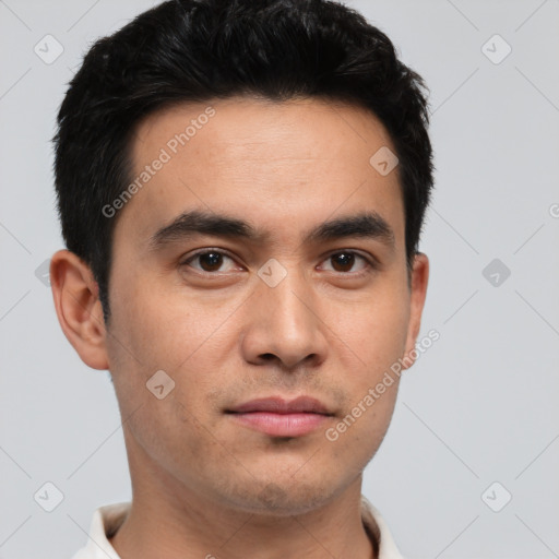 Neutral asian young-adult male with short  black hair and brown eyes