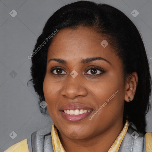 Joyful latino young-adult female with medium  black hair and brown eyes