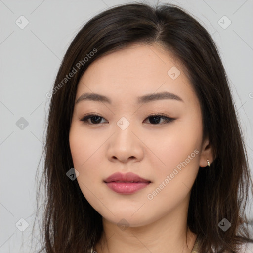 Neutral asian young-adult female with long  brown hair and brown eyes