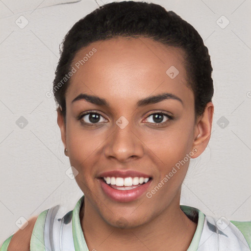 Joyful white young-adult female with short  black hair and brown eyes