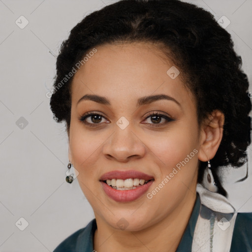 Joyful latino young-adult female with long  brown hair and brown eyes