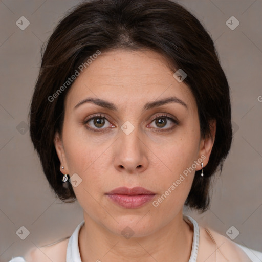 Neutral white young-adult female with medium  brown hair and brown eyes