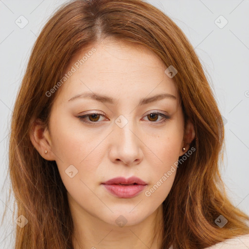 Neutral white young-adult female with long  brown hair and brown eyes