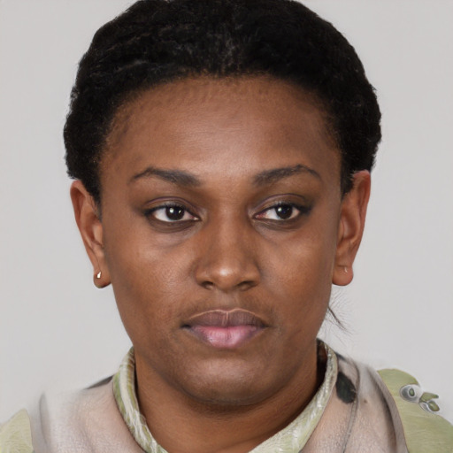 Neutral latino young-adult female with short  brown hair and brown eyes