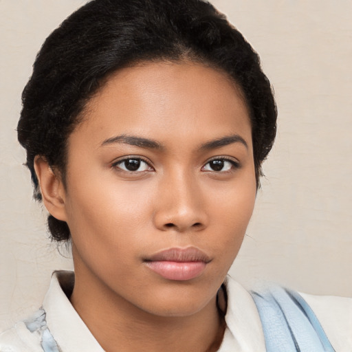 Neutral asian young-adult female with medium  brown hair and brown eyes