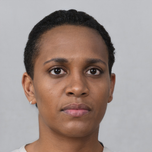 Neutral black young-adult female with short  brown hair and brown eyes