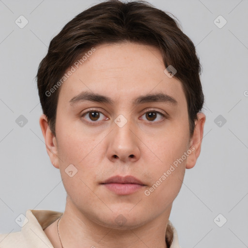 Neutral white young-adult male with short  brown hair and brown eyes