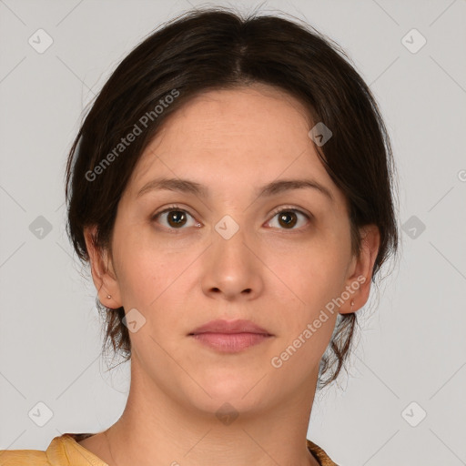 Neutral white young-adult female with medium  brown hair and brown eyes