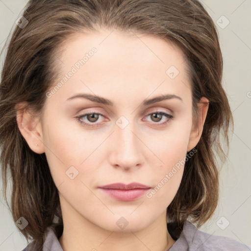 Neutral white young-adult female with medium  brown hair and grey eyes