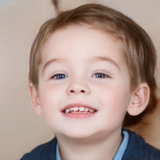 Joyful white child female with short  brown hair and blue eyes