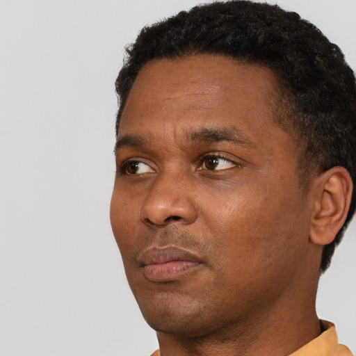 Neutral black adult male with short  black hair and brown eyes