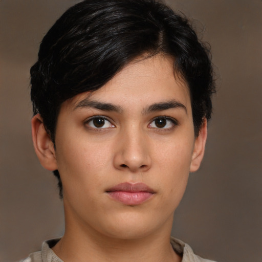 Neutral asian young-adult female with short  brown hair and brown eyes