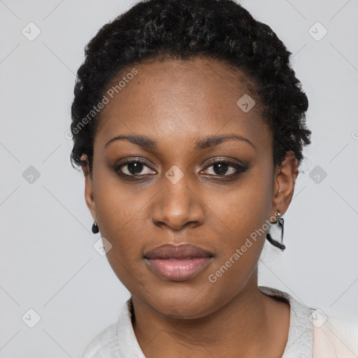 Neutral black young-adult female with short  black hair and brown eyes