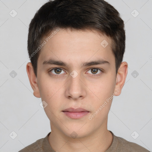 Neutral white young-adult male with short  brown hair and brown eyes