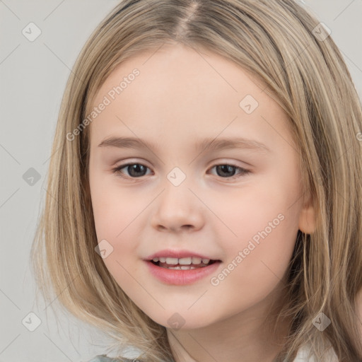 Joyful white child female with medium  brown hair and brown eyes