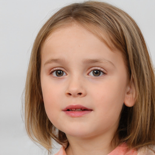 Neutral white child female with medium  brown hair and blue eyes