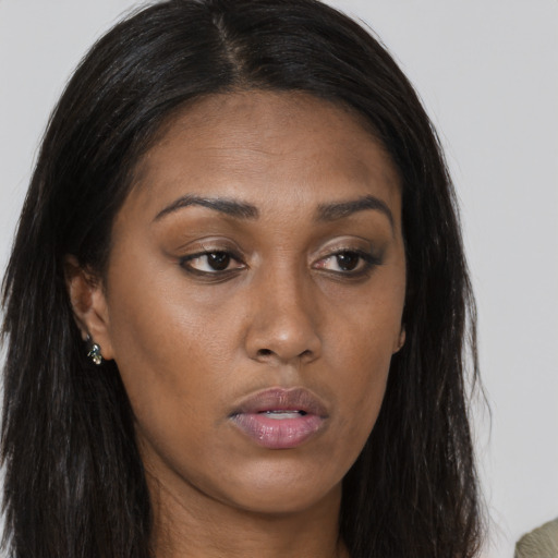 Neutral asian young-adult female with long  brown hair and brown eyes
