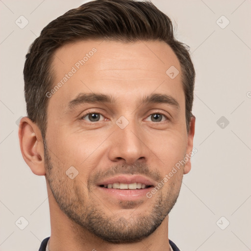 Joyful white young-adult male with short  brown hair and brown eyes