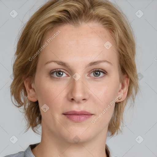 Joyful white young-adult female with medium  brown hair and blue eyes