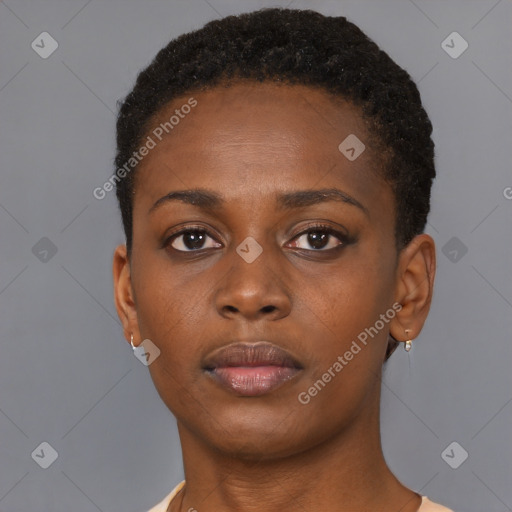 Neutral black young-adult female with short  brown hair and brown eyes