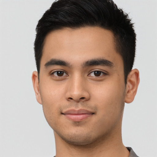 Neutral asian young-adult male with short  brown hair and brown eyes