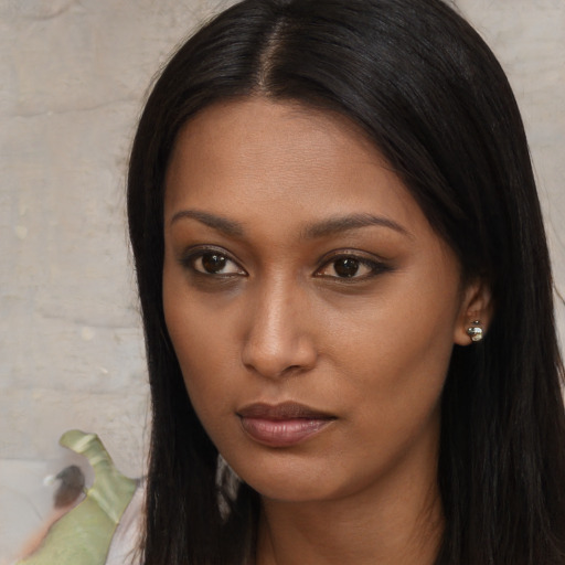 Neutral asian young-adult female with long  brown hair and brown eyes