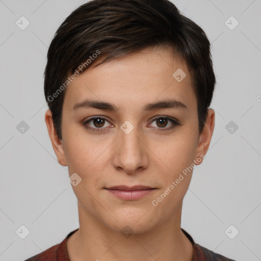 Joyful white young-adult female with short  brown hair and brown eyes