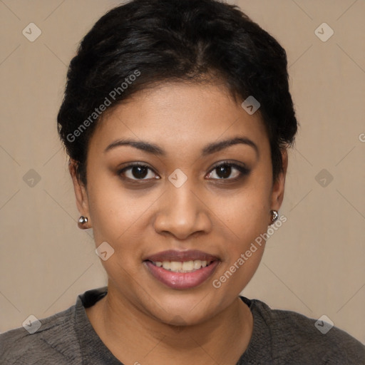 Joyful latino young-adult female with short  black hair and brown eyes