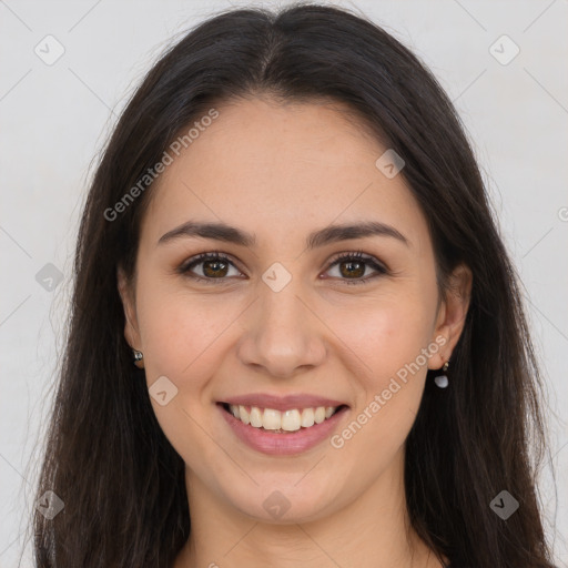 Joyful white young-adult female with long  brown hair and brown eyes