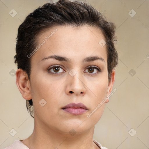 Neutral white young-adult female with short  brown hair and brown eyes