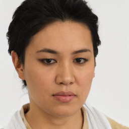 Neutral asian young-adult female with short  brown hair and brown eyes