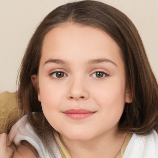 Joyful white child female with medium  brown hair and brown eyes