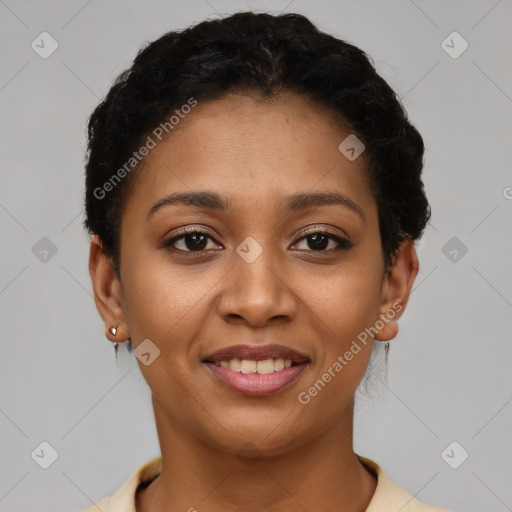 Joyful latino young-adult female with short  brown hair and brown eyes