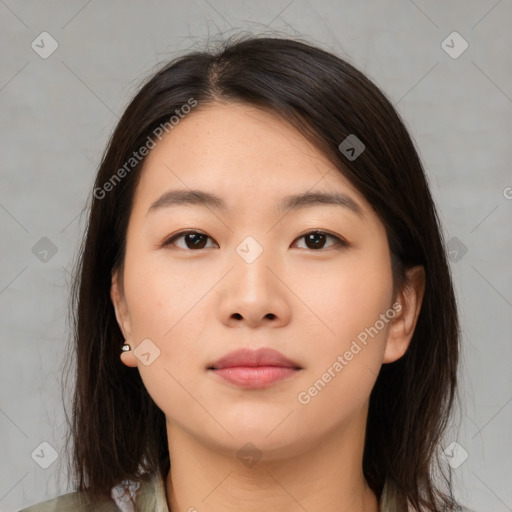 Neutral asian young-adult female with medium  brown hair and brown eyes