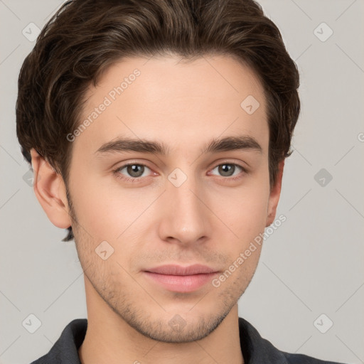 Neutral white young-adult male with short  brown hair and brown eyes