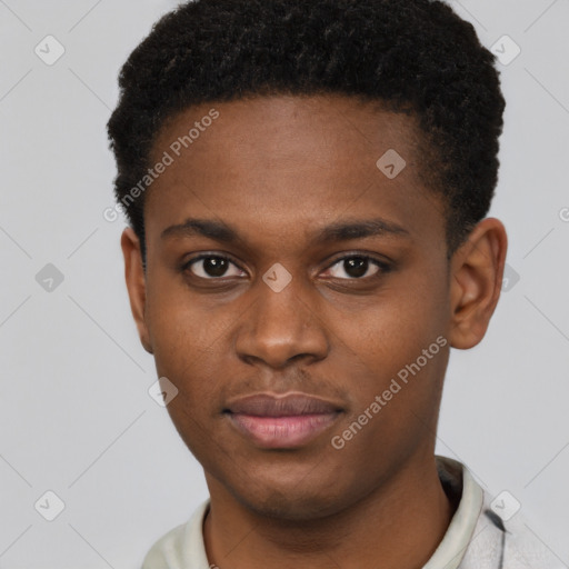 Joyful black young-adult male with short  brown hair and brown eyes