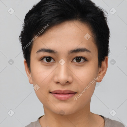 Joyful asian young-adult female with short  black hair and brown eyes