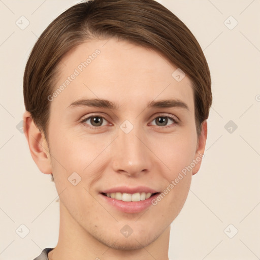 Joyful white young-adult female with short  brown hair and brown eyes