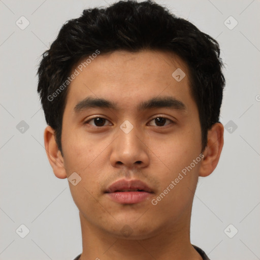 Neutral asian young-adult male with short  black hair and brown eyes