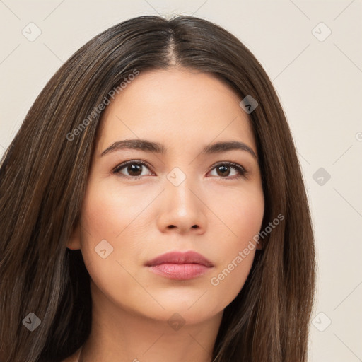 Neutral white young-adult female with long  brown hair and brown eyes