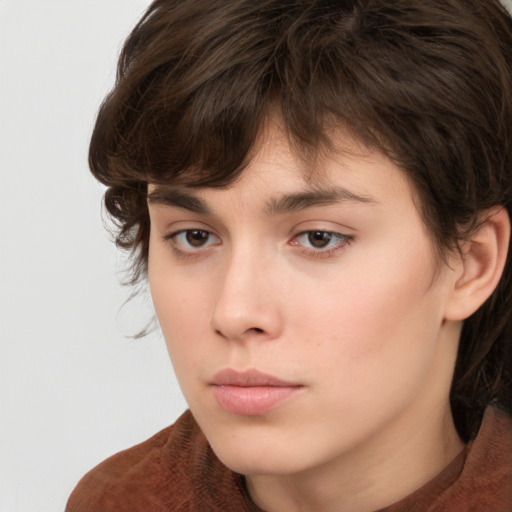 Neutral white young-adult female with medium  brown hair and brown eyes