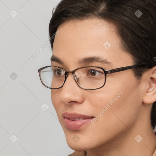 Neutral white young-adult female with short  brown hair and brown eyes