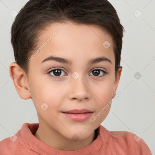 Joyful white child female with short  brown hair and brown eyes