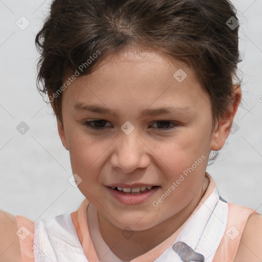 Joyful white child female with short  brown hair and brown eyes