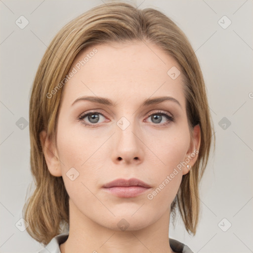 Neutral white young-adult female with medium  brown hair and grey eyes