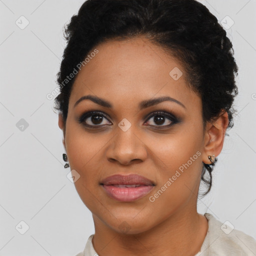 Joyful latino young-adult female with short  black hair and brown eyes