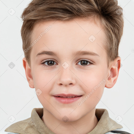 Joyful white child male with short  brown hair and grey eyes