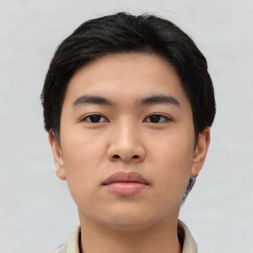 Neutral asian young-adult male with short  black hair and brown eyes