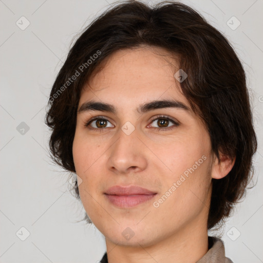 Joyful white young-adult female with medium  brown hair and brown eyes