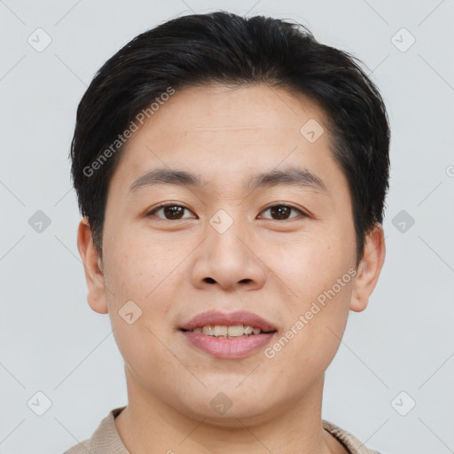 Joyful asian young-adult male with short  brown hair and brown eyes